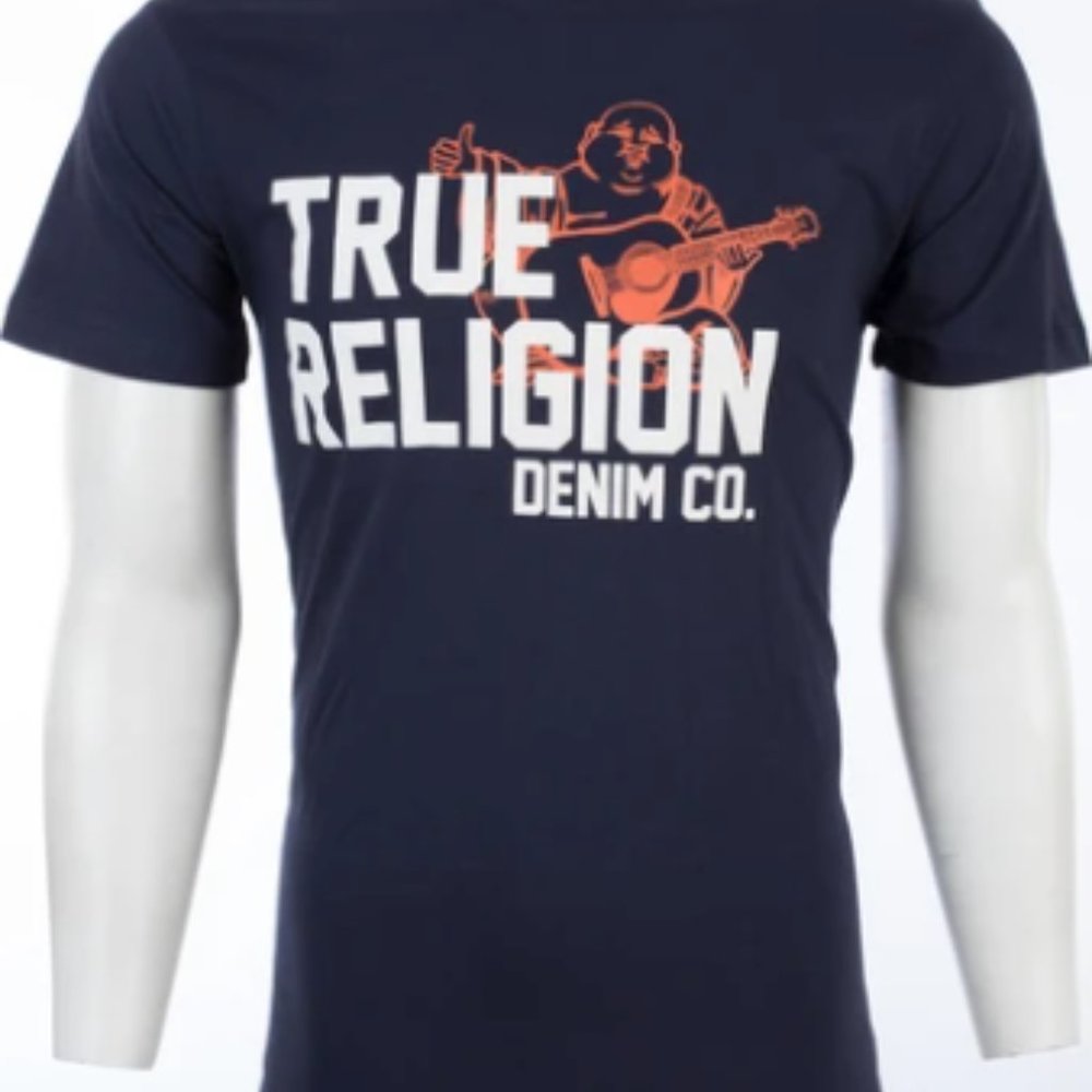 TRUE RELIGION Mens Short Sleeve BUDDHA APPROVED Crewneck T-Shirt (Navy Blue)